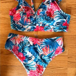 Source Unknown Blue & Pink Tropical Floral Bikini Set